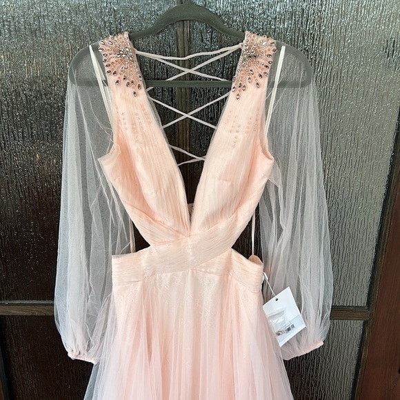 Mac Duggal TULLE SHEER LONG SLEEVE CUT OUT LACE UP A LINE GOWN size 10 New $398 - Picture 8 of 15